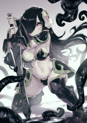 Rule 34 | 1girl, amissio, aria wintermint, armor, bikini armor, black hair, bracer, curvy, greaves, hair over one eye, highres, holding, holding sword, holding weapon, long hair, navel, negative frames, parororo, pauldrons, shoulder armor, slime (substance), sword, tentacles, the crawling city, thong, very long hair, weapon, wide hips, yellow eyes