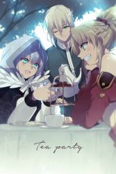 Rule 34 | 1boy, 2girls, ahoge, bare shoulders, bedivere (fate), blonde hair, blush, braid, casual, cloak, closed mouth, commentary request, cup, echo (circa), english text, fang, fate/apocrypha, fate/grand order, fate (series), food, french braid, fur-trimmed cloak, fur trim, gray (fate), green eyes, grey hair, hair between eyes, hair ribbon, holding, holding cup, holding teapot, hood, hood up, hooded cloak, lord el-melloi ii case files, mordred (fate), mordred (fate/apocrypha), multiple girls, one eye closed, open mouth, ponytail, red ribbon, ribbon, short hair, smile, tea party, teacup, teapot, teeth, tree, white ribbon