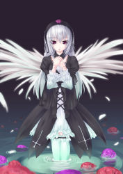 Rule 34 | 00s, 1girl, asa (swallowtail), cross-laced clothes, gothic lolita, hairband, juliet sleeves, lolita fashion, lolita hairband, long sleeves, looking at viewer, puffy long sleeves, puffy sleeves, red eyes, rozen maiden, silver hair, solo, suigintou, thighhighs, wading, water, white thighhighs, wings, zettai ryouiki
