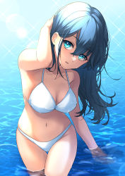 Rule 34 | 1girl, bikini, black hair, blue eyes, breasts, cleavage, commentary request, cowboy shot, head tilt, highres, kishinaito, large breasts, long hair, looking at viewer, navel, original, solo, swimsuit, thigh gap, wading, water, white bikini