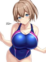 Rule 34 | 1girl, blue eyes, blue one-piece swimsuit, blush, breasts, brown hair, competition swimsuit, covered navel, cowboy shot, dated, hair between eyes, highres, intrepid (kancolle), kantai collection, large breasts, looking at viewer, montemasa, one-piece swimsuit, ponytail, short hair, simple background, smile, solo, swimsuit, twitter username, two-tone swimsuit, white background
