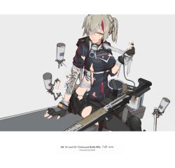 Rule 34 | bandage over one eye, bandages, black gloves, black legwear, english text, fingerless gloves, gloves, grey hair, gun, looking at viewer, machinery, miv4t, original, ponytail, prosthesis, prosthetic arm, short hair, text focus, thighhighs, torn clothes, weapon, yellow eyes