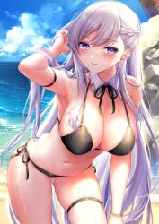 Rule 34 | 1girl, absurdres, arm strap, armpits, azur lane, bare shoulders, beach, belfast (azur lane), bikini, black bikini, black ribbon, blue eyes, blue sky, blush, bracelet, braid, breasts, cleavage, closed mouth, cloud, collarbone, commentary request, covered erect nipples, cowboy shot, day, detached collar, french braid, gluteal fold, groin, highres, jewelry, large breasts, leaning forward, long hair, looking at viewer, navel, neck ribbon, ocean, outdoors, pontaro18, ribbon, rock, side-tie bikini bottom, sidelocks, silver hair, skindentation, sky, smile, solo, standing, stomach, sweat, swept bangs, swimsuit, thigh strap