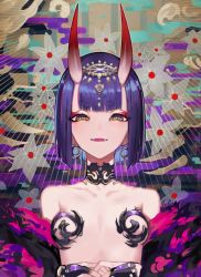 Rule 34 | 1girl, :d, bare shoulders, breasts, earrings, eyeliner, fangs, fate/grand order, fate (series), flower, hair ornament, hikimayu, horns, jewelry, looking at viewer, makeup, mins (minevi), oni, open mouth, purple eyes, purple hair, revealing clothes, short hair, shuten douji (fate), smile, solo