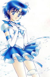 Rule 34 | 1990s (style), 1girl, bishoujo senshi sailor moon, bishoujo senshi sailor moon stars, blue eyes, blue hair, blue sailor collar, blue skirt, blue theme, bow, brooch, choker, earrings, elbow gloves, gloves, jewelry, leotard, light smile, looking at viewer, magical girl, matching hair/eyes, miniskirt, mizuno ami, official art, pleated skirt, pretty guardian sailor moon, retro artstyle, ribbon, sailor collar, sailor mercury, short hair, skirt, smile, solo, star brooch, super sailor mercury (stars), takeuchi naoko, tiara, water, white background, white gloves