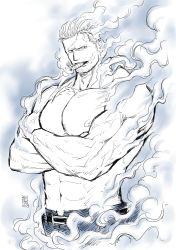 Rule 34 | 1boy, abs, bara, beard, belt, blue theme, cigar, crossed arms, facial hair, kokorozashi, large pectorals, looking at viewer, male focus, mature male, monochrome, muscular, muscular male, navel, nipples, one piece, pectorals, scar, scar on chest, topless male, short hair, sideburns, smoke, smoker (one piece), smoking, solo, stomach, stubble, white hair