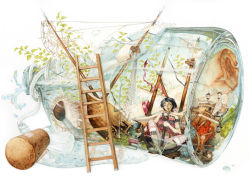 Rule 34 | 1girl, anchor, black hair, book, bottle, closed eyes, coral, cork, gem, ladder, letter, original, painting (medium), paper, pearl (gemstone), person in container, ship, ship in a bottle, shuka (taupe), simple background, solo, spyglass, traditional media, watercolor (medium), watercraft, white background