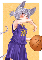 Rule 34 | 1girl, absurdres, alternate costume, animal ear fluff, animal ears, armpits, ball, basketball, basketball (object), basketball uniform, blush, breasts, commentary request, cowboy shot, ginger ale (syouga 6383), grey hair, highres, jersey, looking at viewer, mouse ears, mouse girl, mouse tail, nazrin, purple shirt, purple shorts, red eyes, shirt, short hair, short ponytail, shorts, sleeveless, sleeveless shirt, small breasts, solo, sportswear, tail, touhou