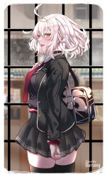 Rule 34 | 1girl, ahoge, blush, breasts, fate/grand order, fate (series), grey hair, highres, jeanne d&#039;arc alter (avenger) (fate), jeanne d&#039;arc alter (fate), large breasts, long sleeves, looking at viewer, looking back, oursong (kiam pis), school uniform, short hair, skirt, smile, solo, yellow eyes