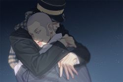 Rule 34 | 2boys, black eyes, black hair, black vest, blue jacket, buttons, buzz cut, facial hair, facial scar, glowing, glowing eyes, goatee, golden kamuy, grey hair, hat, hug, imperial japanese army, jacket, kepi, long sideburns, long sleeves, looking at viewer, male focus, military, military hat, military uniform, multiple boys, scar, scar on cheek, scar on face, scar on nose, scarf, shaded face, shiraishi yoshitake, short hair, sideburns, simple background, spiked hair, sugimoto saichi, tongue, tongue out, uniform, upper body, very short hair, vest, w55674570w