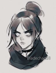 Rule 34 | 1girl, absurdres, animification, apex legends, artist name, choker, commentary, english commentary, eyeshadow, frown, grey background, greyscale, hair bun, highres, lip piercing, looking ahead, makeup, monochrome, nose piercing, nsfwolf, parted bangs, piercing, plug (piercing), portrait, scarf, single hair bun, sketch, solo, spiked choker, spikes, wraith (apex legends)