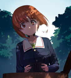 Rule 34 | 1girl, a1 (initial-g), binoculars, brown eyes, brown hair, closed mouth, collarbone, girls und panzer, holding, holding binoculars, long sleeves, looking at viewer, military, military uniform, nishizumi miho, ooarai military uniform, outdoors, solo, tree, uniform