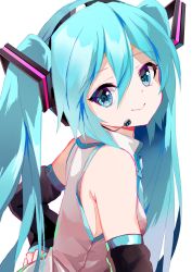 Rule 34 | 1girl, :&gt;, aqua eyes, aqua hair, bare shoulders, black sleeves, commentary, detached sleeves, from side, grey shirt, hair ornament, hand on own hip, hatsune miku, headphones, headset, highres, long hair, looking at viewer, looking to the side, neck ribbon, necktie, number pun, ribbon, shirt, sleeveless, sleeveless shirt, smile, solo, takepon1123, twintails, upper body, very long hair, vocaloid, white background