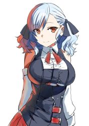 Rule 34 | 1girl, bad id, bad twitter id, belko, black ribbon, blouse, blush, breasts, cleavage, closed mouth, collarbone, detached sleeves, girls&#039; frontline, hair ribbon, head tilt, large breasts, long hair, looking at viewer, neck ribbon, red eyes, red ribbon, red skirt, ribbon, shirt, silver hair, simple background, skirt, smile, solo, spas-12 (girls&#039; frontline), twintails, unfinished, white background