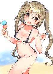 Rule 34 | 10s, 1girl, :d, bare arms, bare legs, bare shoulders, bikini, black bikini, breasts, brown eyes, brown hair, collarbone, food, holding, holding food, ice cream, ichihaya, kantai collection, long hair, medium breasts, murasame (kancolle), open mouth, smile, solo, swimsuit, twintails