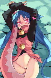 Rule 34 | 1girl, arms up, bad id, bad pixiv id, bare legs, blue hair, blush, bottomless, dragon tail, fang, fangs, heart, highres, long hair, looking at viewer, lying, monster girl, navel, on back, open mouth, original, pink eyes, pussy, rumie, smile, solo, tail, tiona, uncensored, very long hair