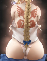 Rule 34 | 1girl, absurdres, ass, bababababan, back, back tattoo, backless outfit, bad id, bad pixiv id, bare shoulders, blonde hair, braid, braided ponytail, brown background, command spell, fate/apocrypha, fate (series), highres, jeanne d&#039;arc (fate), jeanne d&#039;arc (girl from orleans) (fate), jeanne d&#039;arc (ruler) (fate), long hair, panties, single braid, sitting, solo, sweat, tattoo, underwear, very long hair, white panties