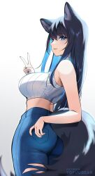Rule 34 | 1girl, absurdres, animal ears, ass, bare arms, bare shoulders, blue eyes, blue hair, breasts, hand up, highres, large breasts, long hair, looking at viewer, looking back, original, pants, parted lips, reiko (tofuubear), shirt, sleeveless, smile, solo, tail, tofuubear, torn clothes, torn pants, v, white background, white shirt