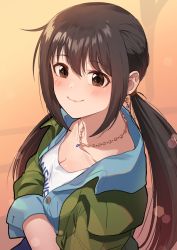 Rule 34 | 1girl, black hair, blue shirt, brown eyes, closed mouth, collared shirt, commentary, earrings, green jacket, idolmaster, idolmaster cinderella girls, jacket, jewelry, kamille (vcx68), light blush, long hair, long sleeves, looking at viewer, low twintails, nakano yuka, necklace, open clothes, open jacket, open shirt, shirt, sidelocks, smile, solo, t-shirt, twintails, upper body, white shirt