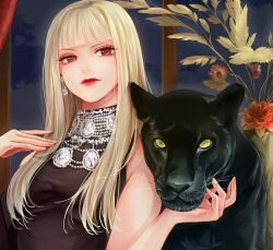 Rule 34 | 1girl, animal, black dress, blonde hair, blunt bangs, commentary request, curtains, dress, earrings, flower, hand on animal, jewelry, karin park, korean commentary, leopard, long hair, long sleeves, looking at viewer, necklace, original, red curtains, red eyes, red lips, turtleneck, turtleneck dress, upper body, vase, whiskers, window, yellow eyes