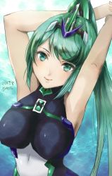 Rule 34 | 1girl, 2019, artist name, breasts, competition swimsuit, dated, female focus, gem, green eyes, green hair, large breasts, long hair, looking at viewer, matching hair/eyes, nintendo, ocean, one-piece swimsuit, pneuma (xenoblade), ponytail, signature, smile, solo, swimsuit, tiara, water, xenoblade chronicles (series), xenoblade chronicles 2, yamamori kinako