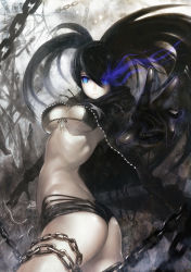 Rule 34 | 10s, 1girl, absurdres, aged up, ass, belt, bikini, bikini top only, black bikini, black hair, black rock shooter, black rock shooter (character), blue eyes, boots, breasts, chain, coat, foreshortening, front-tie top, gloves, glowing, glowing eye, glowing eyes, highres, long hair, md5 mismatch, midriff, navel, outstretched hand, pale skin, resolution mismatch, shorts, solo, source larger, swimsuit, twintails, yoshiku (oden-usagi)