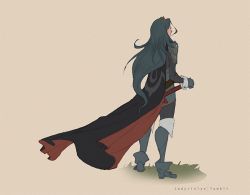 Rule 34 | 1girl, blue hair, boots, cape, fire emblem, fire emblem awakening, long hair, lucina (fire emblem), nintendo, sheath, simple background, solo, standing, sword, tumblr username, weapon