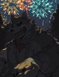 Rule 34 | 2boys, ^ ^, animal ears, bara, bare pectorals, blush, chain, closed eyes, dog boy, dog ears, fireworks, furry, furry male, garmr (housamo), gomtang, holding hands, male focus, multiple boys, muscular, muscular male, nipples, open mouth, pectorals, short hair, solo focus, tokyo houkago summoners, tongue, tongue out, upper body, yaoi