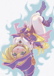 Rule 34 | 1girl, blonde hair, blue footwear, blush, boots, breasts, chibi, cleavage, dark magician girl, green eyes, high heel boots, high heels, highres, large breasts, long hair, looking at viewer, open mouth, solo, tsuzuchii, upside-down, yu-gi-oh!