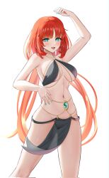 Rule 34 | 1girl, blush, bracer, breasts, dancer, dokimaru, genshin impact, harem outfit, highres, jewelry, looking at viewer, navel, nilou (genshin impact), open mouth, red hair, smile, solo, stomach, thighs, twintails, veil, white background