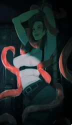 Rule 34 | 1girl, arms up, beret, blue eyes, bound, bound wrists, brown hair, dark background, hat, highres, jill valentine, looking at viewer, obj shep, resident evil, shaded face, short hair, slime (substance), smile, solo, tentacles, wall