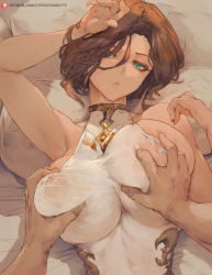 Rule 34 | 1girl, armpits, bare shoulders, black knight (granblue fantasy), grabbing another&#039;s breast, brown hair, cutesexyrobutts, grabbing, granblue fantasy, green eyes, highres, leotard, looking at viewer, nipples, parted lips, pov, see-through, short hair, solo focus, white leotard