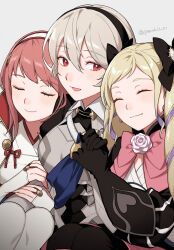 Rule 34 | 3girls, blonde hair, blush, breasts, closed eyes, commentary request, corrin (female) (fire emblem), corrin (fire emblem), elise (fire emblem), fire emblem, fire emblem fates, flat chest, hair between eyes, hairband, highres, hug, long hair, medium breasts, multiple girls, nintendo, open mouth, peach11 01, pink hair, pointy ears, purple hair, red eyes, sakura (fire emblem), short hair, simple background, smile, twintails, upper body