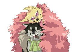 Rule 34 | absurdres, animal focus, animalization, ascot, brown eyes, cigar, coat, commentary request, crocodile (one piece), dog, donquixote doflamingo, fangs, fur coat, green ascot, highres, ks lobos, no humans, one piece, pink coat, scar, scar on face, simple background, smile, sunglasses, thai commentary, white background