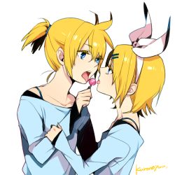 Rule 34 | 1boy, 1girl, bad id, bad pixiv id, blonde hair, blue eyes, brother and sister, candy, food, hair ribbon, incest, kagamine len, kagamine rin, kurono yuu, lollipop, open mouth, ponytail, ribbon, short hair, siblings, signature, simple background, teeth, tongue, twins, vocaloid