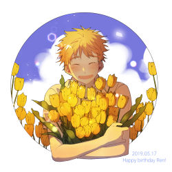 Rule 34 | 1boy, :d, character name, dated, day, closed eyes, facing viewer, flower, happy birthday, highres, holding, holding flower, lens flare, male focus, mihashi ren, onigiri booo, ookiku furikabutte, open mouth, orange hair, outdoors, smile, solo, tulip, upper body, yellow flower