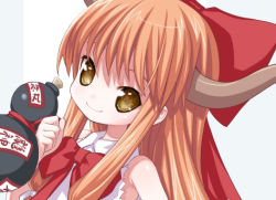Rule 34 | 1girl, bottle, bow, bowtie, brown eyes, closed mouth, female focus, gourd, hair bow, horns, ibuki suika, kiira, long hair, looking at viewer, lowres, ofuda, orange hair, red bow, red bowtie, simple background, sleeveless, smile, solo, touhou, very long hair, white background, yellow eyes