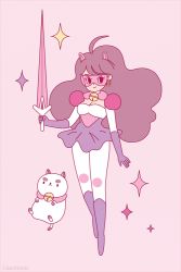 Rule 34 | 1girl, ahoge, animal ears, animated, animated gif, artist name, bee (bee and puppycat), bee and puppycat, bell, boots, brown hair, choker, claire belton, earrings, elbow gloves, floating, full body, gloves, jewelry, jingle bell, knee boots, long hair, pantyhose, pink background, puppycat, simple background, skirt, smile, sparkle, sword, weapon