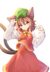 Rule 34 | 1girl, absurdres, animal ears, bloom, bow, bowtie, breasts, brown eyes, brown hair, cat ears, cat tail, chen, closed mouth, commentary request, cowboy shot, eyelashes, gold trim, green hat, hands up, hat, highres, long sleeves, looking at viewer, medium hair, mob cap, multiple tails, puffy long sleeves, puffy sleeves, red skirt, red vest, sidelighting, simple background, skirt, skirt set, small breasts, smile, solo, tail, touhou, two tails, utinokofia, vest, white background, yellow bow, yellow bowtie