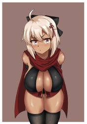 Rule 34 | 1girl, absurdres, ahoge, arm guards, arms behind back, bare shoulders, bent over, black bow, black coat, blush, border, bow, breasts, brown background, cleavage, cleavage cutout, closed mouth, clothing cutout, coat, commentary request, dark-skinned female, dark skin, fate/grand order, fate (series), gluteal fold, hair between eyes, hair bow, hair ribbon, highres, koha-ace, large breasts, leaning forward, looking at viewer, okita souji (fate), okita souji (koha-ace), okita souji alter (fate), okita souji alter (first ascension) (fate), red scarf, ribbon, scarf, short hair, simple background, solo, tassel, thighhighs, tucao xiansen, white border, white hair, yellow eyes