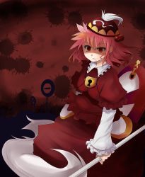 Rule 34 | 1girl, arano oki, breasts, chain, female focus, hair bobbles, hair ornament, hat, highres, kawashiro mitori, keyhole, layered sleeves, long sleeves, medium breasts, open mouth, original, puffy sleeves, red eyes, red hair, road sign, short hair, sign, solo, touhou
