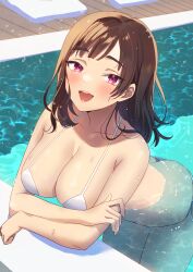 Rule 34 | 1girl, absurdres, bare shoulders, bikini, blush, breasts, brown hair, butt crack, cleavage, collarbone, commentary request, cowboy shot, day, highres, large breasts, long hair, looking at viewer, looking up, open mouth, original, outdoors, partially submerged, pink eyes, pool, smile, solo, standing, swimsuit, teeth, tongue, water, wet, white bikini, yupi mild