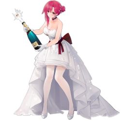 Rule 34 | 1girl, alcohol, azur lane, bare shoulders, black prince (azur lane), black prince (pop the cork) (azur lane), bottle, champagne bottle, dress, hair bun, hair ornament, high heels, highres, looking at viewer, official alternate costume, official art, pink eyes, pink hair, single hair bun, standing, suisai (suisao), thighhighs, transparent background, white dress, white footwear, white thighhighs, wine bottle