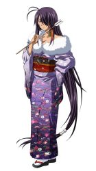 Rule 34 | 1girl, arrow (projectile), black hair, breasts, cleavage, collarbone, hair over one eye, holding, holding weapon, ikkitousen, japanese clothes, kan&#039;u unchou, kimono, long hair, low-tied long hair, simple background, smile, solo, very long hair, weapon, white background, white legwear, yukata