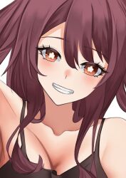 Rule 34 | 1girl, ahoge, alternate costume, bare shoulders, black bra, black hair, bra, breasts, cleavage, close-up, collarbone, commentary request, flower, genshin impact, hair between eyes, hair flower, hair ornament, hu tao (genshin impact), katagirinanoka, lingerie, long hair, looking at viewer, navel, non-web source, red eyes, sidelocks, simple background, sleeveless, small breasts, solo, spaghetti strap, stomach, symbol-shaped pupils, twintails, underwear, white background
