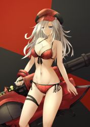 Rule 34 | 1girl, absurdres, alisa ilinichina amiella, bare shoulders, bikini, black background, blue eyes, bracer, breasts, cabbie hat, cleavage, closed mouth, collarbone, commentary, cowboy shot, front-tie bikini top, front-tie top, gluteal fold, god eater, god eater burst, groin, gun, hair between eyes, halterneck, hat, highres, holding, holding weapon, large breasts, long hair, looking at viewer, machine gun, nash11, navel, plaid, plaid bikini, plaid headwear, red background, red bikini, side-tie bikini bottom, sidelocks, silver hair, solo, standing, stomach, string bikini, swimsuit, thigh strap, two-tone background, weapon