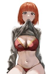 Rule 34 | 1girl, alternate breast size, blunt bangs, bob cut, bra, breasts, bright pupils, brown eyes, cleavage, clothes lift, commentary, grey sweater, highres, large breasts, lifting own clothes, light blush, long sleeves, looking at viewer, mcdonald&#039;s, mother (yoru mac), mother (yoru mac), mouth hold, navel, navel piercing, orange hair, panties, piercing, raberu ruru, red bra, red panties, short hair, simple background, sitting, solo, stomach, string panties, sweater, sweater lift, symbol-only commentary, underwear, white background, white pupils, yoru mac