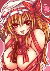 Rule 34 | 1girl, alternate breast size, bad id, bad pixiv id, blonde hair, breasts, candy, chocolate, chocolate heart, cleavage, female focus, flandre scarlet, heart, huge breasts, long hair, aged up, red eyes, solo, suzuneko (yume no kyoukai), tongue, touhou, valentine