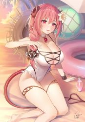 Rule 34 | 1girl, arm strap, arm support, artist name, bare arms, barefoot, beach, blush, bottle, braid, breasts, choker, cleavage, cloud, collarbone, cross-laced clothes, cross-laced one-piece swimsuit, demon horns, demon tail, flower, frilled one-piece swimsuit, frilled swimsuit, frills, gem, hair between eyes, hair flower, hair ornament, hand up, hat, highleg, highleg swimsuit, highres, horns, io (princess connect!), io (summer) (princess connect!), jewelry, large breasts, lifebuoy, long hair, looking at viewer, necklace, one-piece swimsuit, open mouth, pink eyes, pink hair, princess connect!, scrunchie, signature, single braid, sitting, smile, solo, straw hat, swim ring, swimsuit, tail, thigh strap, thighs, tree, twilight, umbrella, unworn hat, unworn headwear, white one-piece swimsuit, wristband, yaman, yokozuwari
