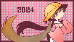 Rule 34 | 2024, border, brown hair, chibi, commentary request, detached sleeves, dress, floating hair, from side, grid background, hands up, hat, highres, jitome, kuron (uhhr2odhrppc5nw), long hair, long sleeves, looking at viewer, looking to the side, low twintails, outside border, pink background, pink dress, pink sleeves, purple eyes, red border, school hat, short dress, single blush sticker, sleeves past fingers, sleeves past wrists, tsukuyomi ai, twintails, very long hair, voiceroid